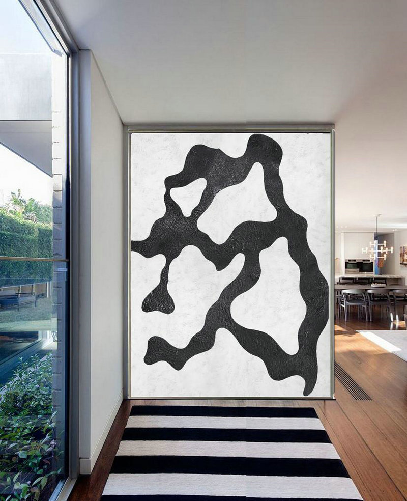 Hand Made Abstract Art,Black And White Minimal Painting On Canvas - Large Wall Canvas Paintings